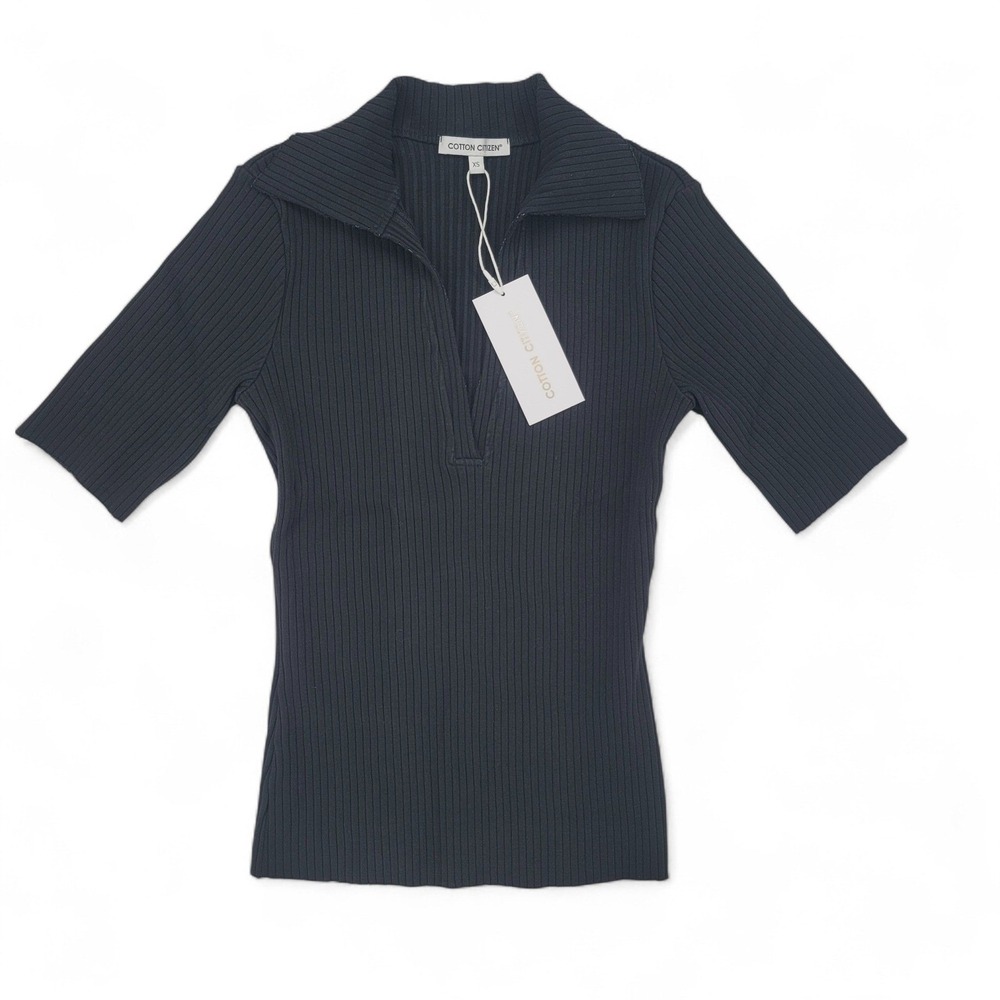 Cotton Citizen Ibiza Polo XS NWT Black Rib Knit Zip Top Quiet Luxury Minimalist